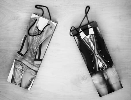 Two gift bags with original design . The view from the top. Black and white image.