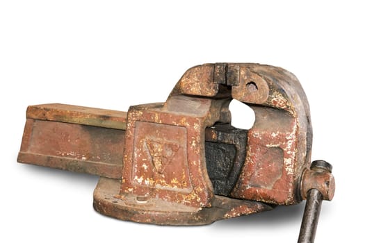 Large vintage cast iron vise for a variety of types of technical work. Presented on a white background.