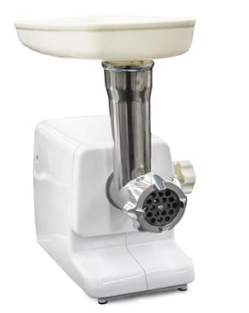 Household appliances: modern electric meat grinder on a white background.