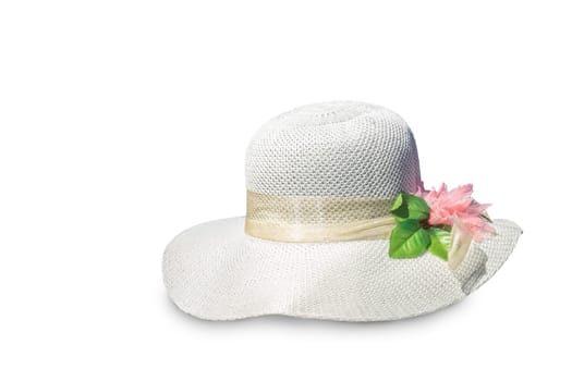 Women summer hat with large brim, decorated with a bow, to protect from the sun. Presented on a white background.