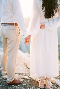 Bride and groom are standing holding hands on the mountain. Back view. Cropped. Faceless. High quality photo