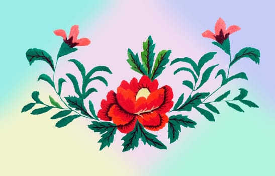 Crafts: beautiful red flowers and green leaves embroidery stitch. Presented on a blurred background pastel colors.