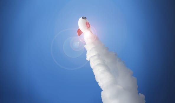 White rocket at high speed flies into space against blue sky background. Fast banking payment concept