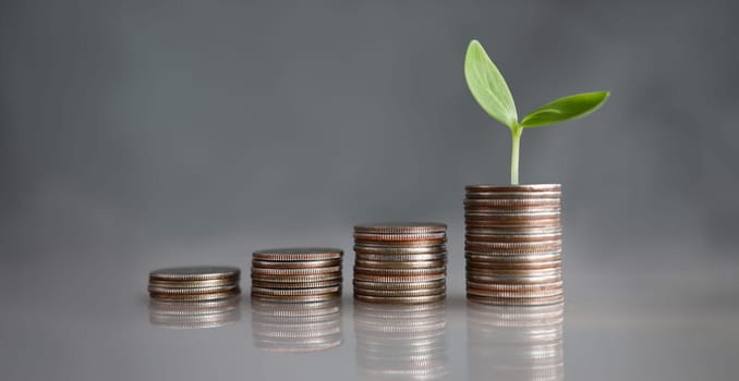 Chart tower with silver metall coin against gray background. Business development credit concept