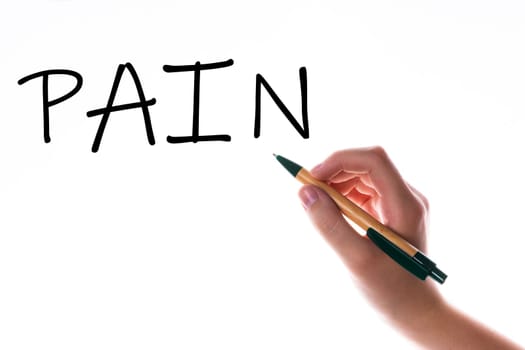 Children hand with pen write on a blue white background. Writing hand. Word PAIN