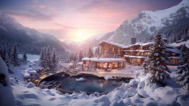 Picturesque, beautiful winter landscape of mountains and forest, snow-covered valley with a large hotel in privacy. Concept of traveling around the world, recreation, winter sports, vacations, tourism in the mountains and unusual places.