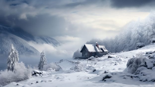 Picturesque, beautiful winter landscape of mountains and forest, snow-covered valley with a small house for privacy. Concept of traveling around the world, recreation, winter sports, vacations, tourism in the mountains and unusual places.