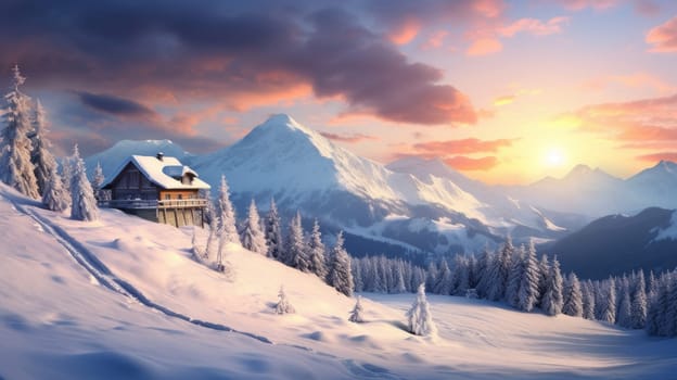 Winter landscape of mountains and forest, snow-covered valley with a small house secluded in the pink rays of the sunset. Concept of traveling around the world, recreation, winter sports, vacations, tourism in the mountains and unusual places.