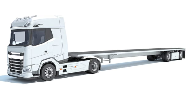 Truck with flatbed trailer 3D rendering model on white background