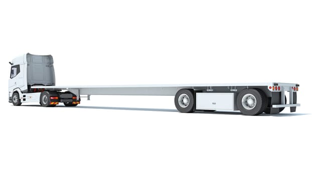 Truck with flatbed trailer 3D rendering model on white background