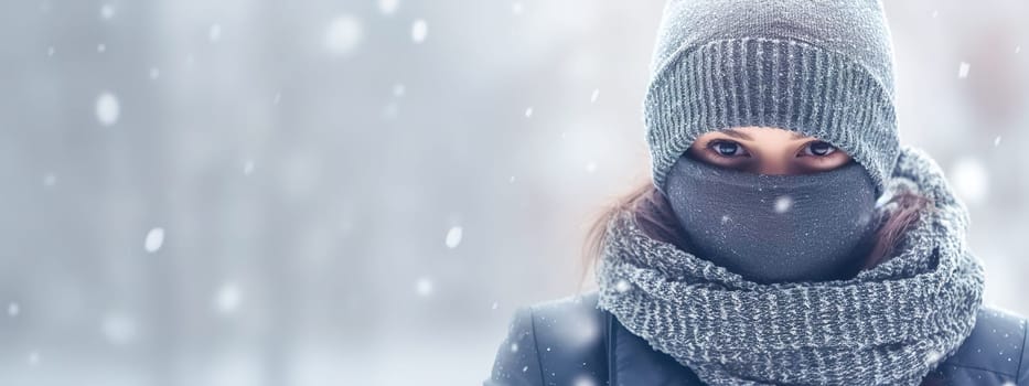 portrait of young woman in winter clothes during snowfall, banner with copy space.