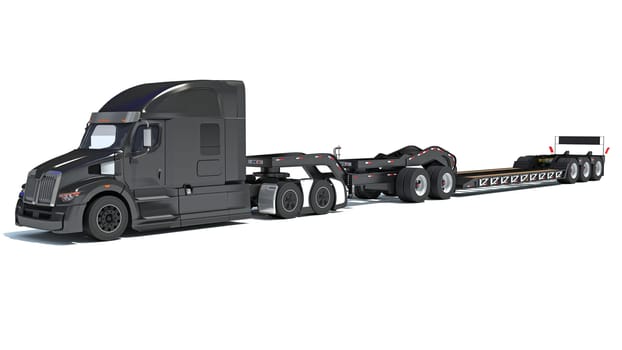 Truck with flatbed trailer 3D rendering model on white background