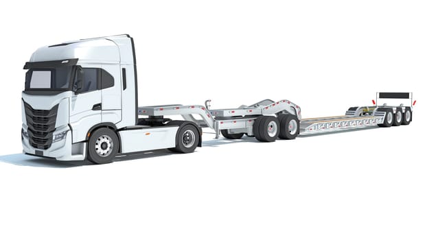 Truck with flatbed trailer 3D rendering model on white background