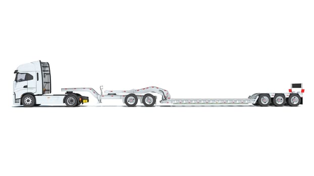 Truck with flatbed trailer 3D rendering model on white background