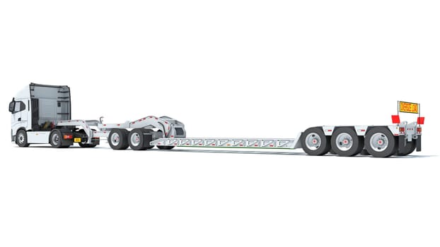 Truck with flatbed trailer 3D rendering model on white background
