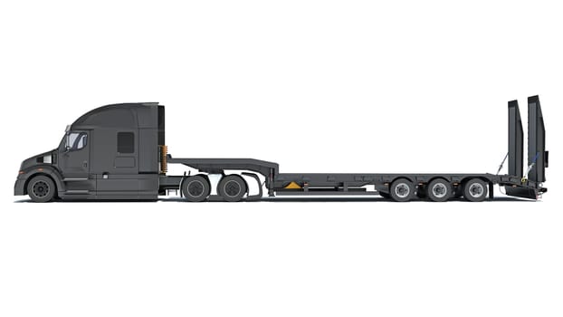 Truck with flatbed trailer 3D rendering model on white background