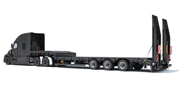 Truck with flatbed trailer 3D rendering model on white background