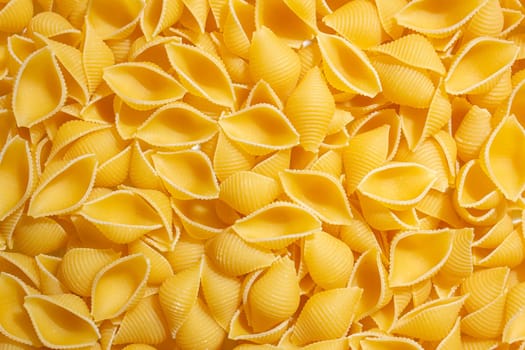 Uncooked Conchiglie Pasta: A Culinary Canvas of Conchiglie Macaroni, Creating a Lively and Textured Background for Gourmet Cooking. Dry Pasta. Raw Macaroni - Top View, Flat Lay