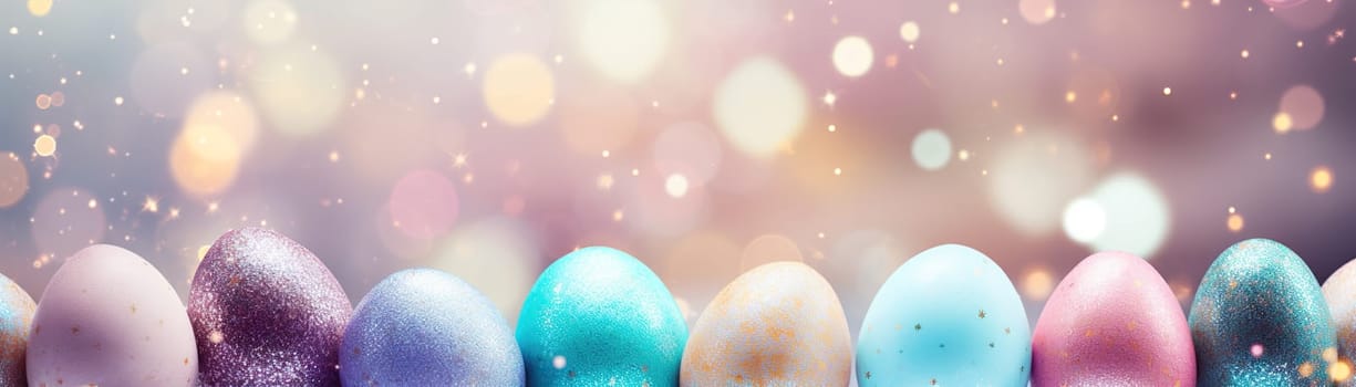 Enchanting Easter background with eggs, bokeh lights and copy space for text. Soft, pastel colors. Tranquil and joyful scene. Perfect for holiday-themed designs, greeting cards. Generative AI