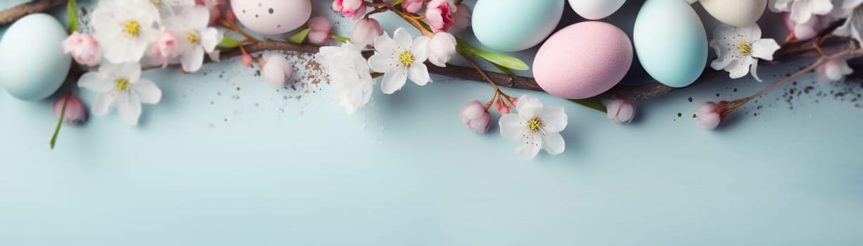 Enchanting Easter background with eggs, flowers and copy space for text. Soft, pastel colors. Tranquil and joyful scene. Perfect for holiday-themed designs. Panoramic banner. Generative AI