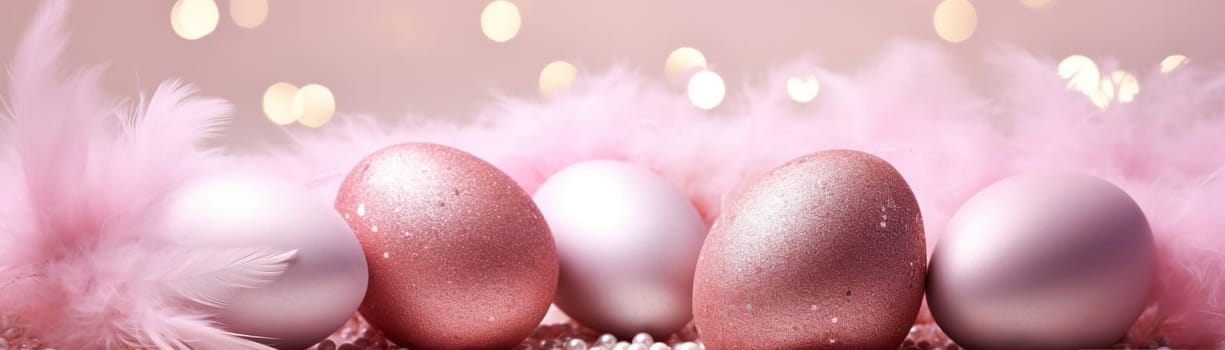 Enchanting, pink Easter background with eggs, bokeh lights and copy space for text. Soft, pastel colors. Tranquil and joyful scene. Perfect for holiday-themed designs. Panoramic banner. Generative AI