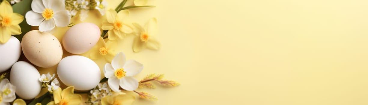 Yellow Easter background with eggs, flowers and copy space for text. Soft, pastel colors. Tranquil and joyful scene. Perfect for holiday-themed designs. Panoramic banner. Generative AI