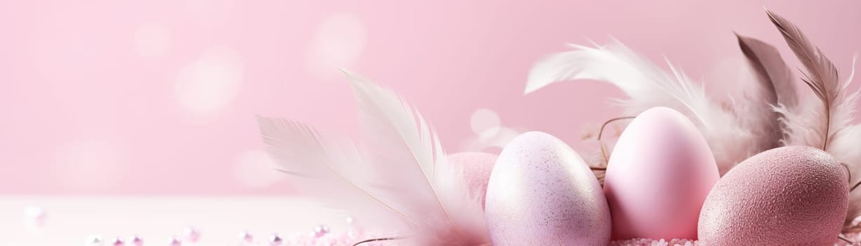 Enchanting, pink Easter background with eggs, feathers and copy space for text. Soft, pastel colors. Tranquil and joyful scene. Perfect for holiday-themed designs. Panoramic banner. Generative AI