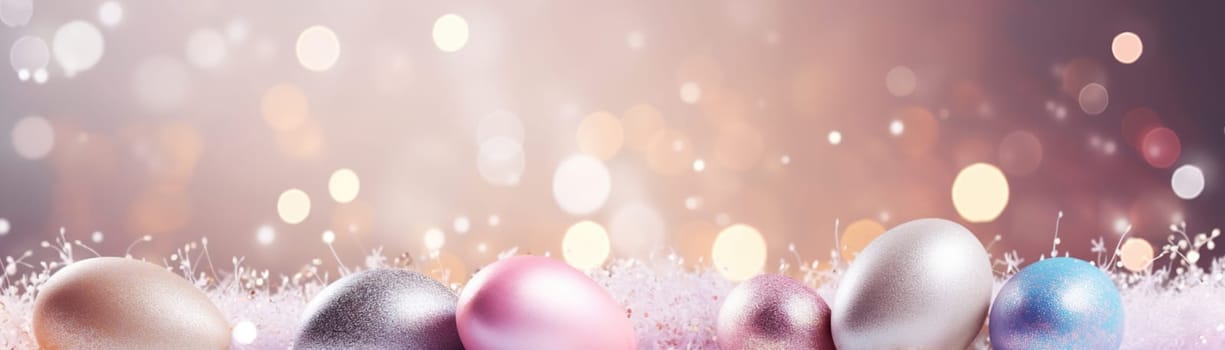 Enchanting Easter background with eggs, glitter, bokeh lights and copy space for text. Pastel colors. Tranquil and joyful scene. Perfect for holiday-themed designs. Panoramic banner. Generative AI