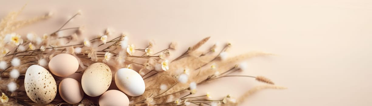 Natural Easter background with eggs, plants and copy space. Soft, beige color. Perfect for spring themes, Easter content, and rustic or minimalist design projects. Panoramic banner. Generative AI