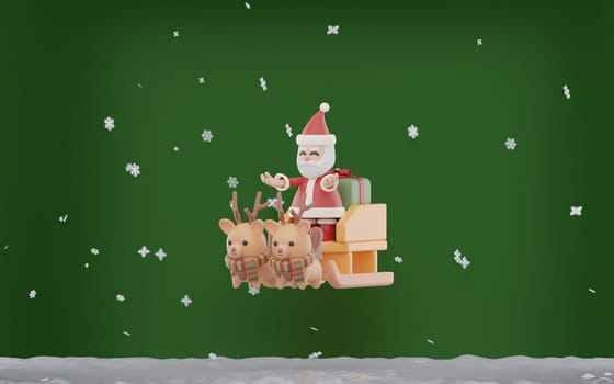 Merry Christmas and Happy New Year, Santa Claus on a sleigh by 2 reindeer, 3d rendering with green background and white Snow covered, 3d rendering illustration..