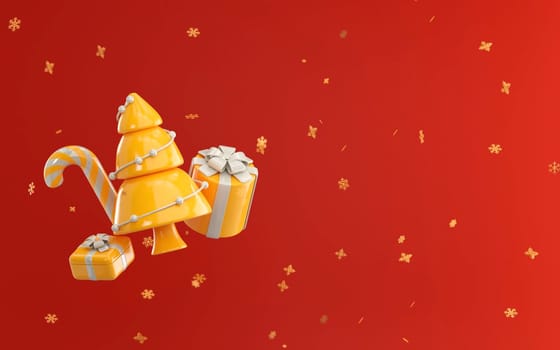 3d render of christmas tree, candy christmas, yellow gift, with red background and gold Snow covered, New Year winter banner. 3d rendering illustration..