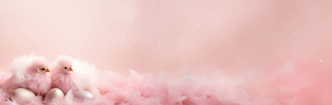 Enchanting, pink Easter background with eggs, two cute birds, glitter and copy space for text. Soft color. Tranquil, joyful scene. Perfect for holiday-themed designs. Panoramic banner. Generative AI