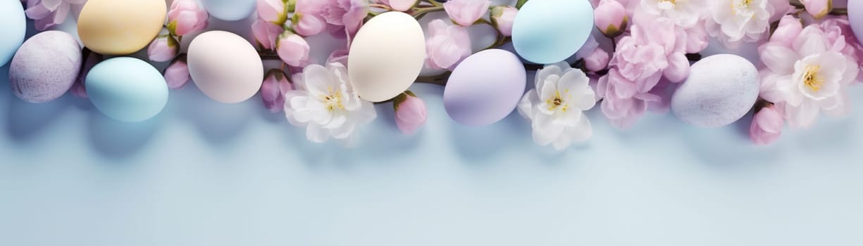 Enchanting Easter background with eggs, flowers and copy space for text. Soft, pastel colors. Tranquil and joyful scene. Perfect for holiday-themed designs. Panoramic banner. Generative AI