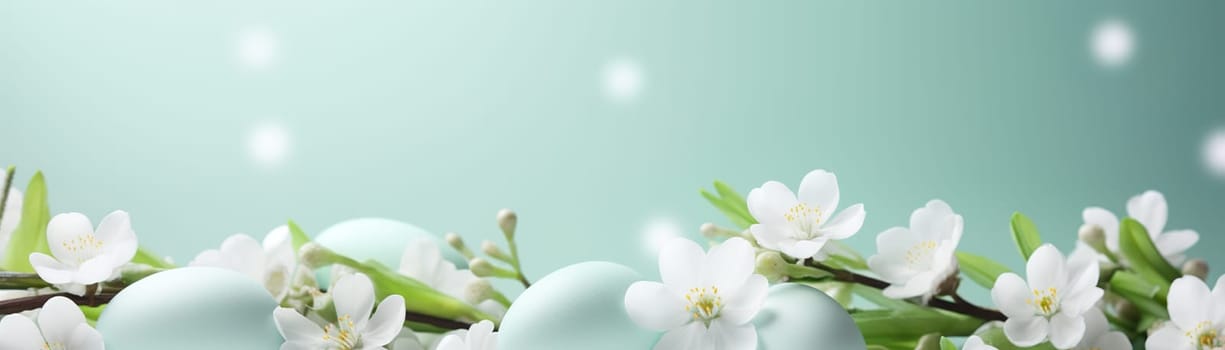 Light green Easter background with eggs, flowers and copy space for text. Soft, pastel colors. Tranquil and joyful scene. Perfect for holiday-themed designs, greeting cards. Generative AI