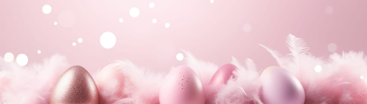 Enchanting, pink Easter background with eggs, feathers and copy space for text. Soft, pastel colors. Tranquil and joyful scene. Perfect for holiday-themed designs. Panoramic banner. Generative AI