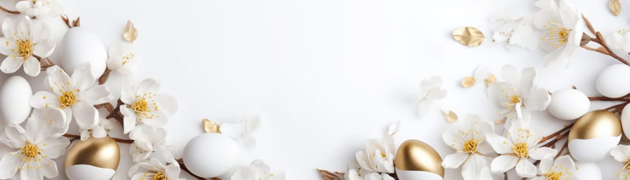 White Easter background with white and golden eggs, flowers and copy space for text. Tranquil and joyful scene. Perfect for holiday-themed designs. Panoramic banner. Generative AI