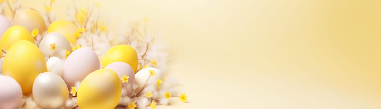 Yellow Easter background with eggs, flowers and copy space for text. Soft, pastel colors. Tranquil and joyful scene. Perfect for holiday-themed designs. Panoramic banner. Generative AI