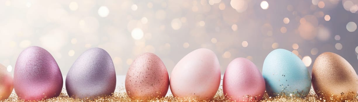 Enchanting Easter background with eggs, glitter, bokeh lights and copy space for text. Pastel colors. Tranquil and joyful scene. Perfect for holiday-themed designs. Panoramic banner. Generative AI