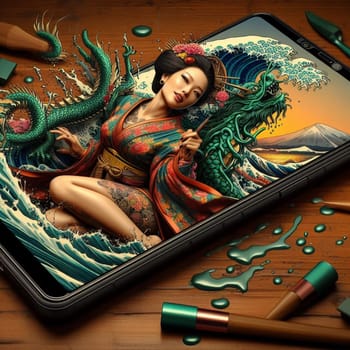 traditional asian woman wear kimono silky dress dance with dragon in chinese new year, background shanghai city skyline come out of phone screen on a desk