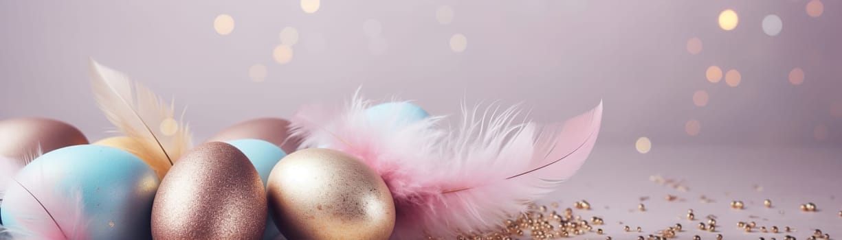 Enchanting Easter background with eggs, glitter, bokeh lights and copy space for text. Pastel colors. Tranquil and joyful scene. Perfect for holiday-themed designs. Panoramic banner. Generative AI