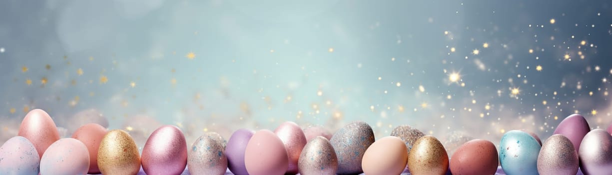 Enchanting Easter background with eggs, glitter, bokeh lights and copy space for text. Pastel colors. Tranquil and joyful scene. Perfect for holiday-themed designs. Panoramic banner. Generative AI