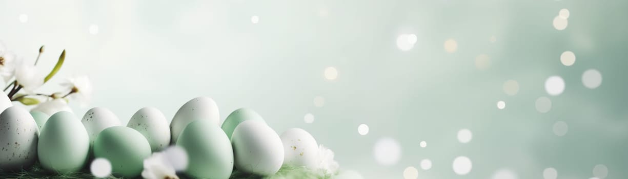 Green Easter background with eggs, flowers, bokeh lights and copy space for text. Soft, pastel colors. Tranquil and joyful scene. Perfect for holiday-themed designs, greeting cards. Generative A
