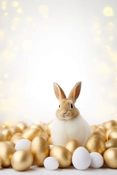 Beautiful, light, vertical Easter background with golden eggs, cute bunny and copy space for text. Tranquil and joyful scene. Perfect for holiday-themed designs, greeting cards. Generative AI