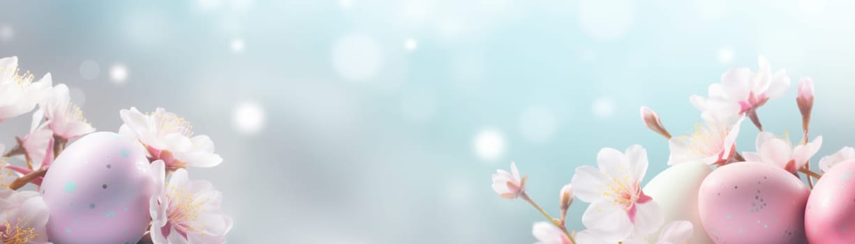 Enchanting Easter background with eggs, flowers, bokeh lights and copy space for text. Soft pastel colors. Tranquil and joyful scene. Perfect for holiday-themed designs, greeting cards. Generative AI