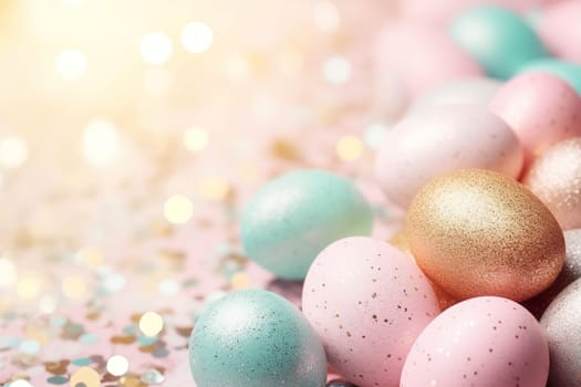 Enchanting Easter background with eggs, bokeh lights and copy space for text. Soft, pastel colors. Tranquil and joyful scene. Perfect for holiday-themed designs, greeting cards. Generative AI