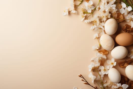 Natural Easter background with eggs, flowers and copy space for text. Soft, beige color. Perfect for spring themes, Easter content, and rustic or minimalist design projects. Generative AI