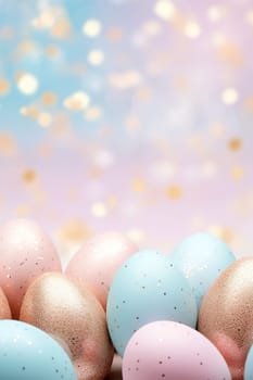 Enchanting Easter background with eggs, bokeh lights and copy space for text. Soft, pastel colors. Tranquil and joyful scene. Perfect for holiday-themed designs, greeting cards. Generative AI