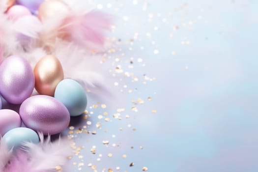 Enchanting Easter background with eggs, feathers, glitter and copy space for text. Soft, pastel colors. Tranquil and joyful scene. Perfect for holiday-themed designs, greeting cards. Generative AI