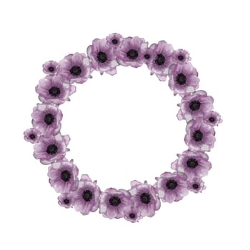 Watercolor round frame of purple poppy flowers. Elegant hand drawn floral wreath for wedding invitations, cards and florist tags. High quality illustration isolated on a white background