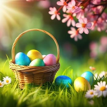 Close-up of easter eggs on grassy field with flowers in a sunny garden